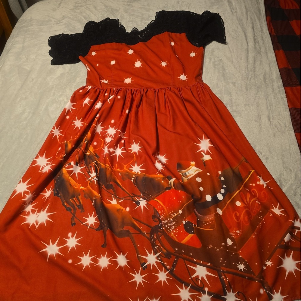 Fashion Christmas Red Dress Santa Reindeer Sleigh Size Xl Black Lace Top